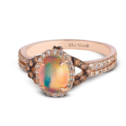 LeVian 14K Rose Gold Opal Cabochon White/Chocolate Diamond Fashion Ring - S 7 - BirthStone.com