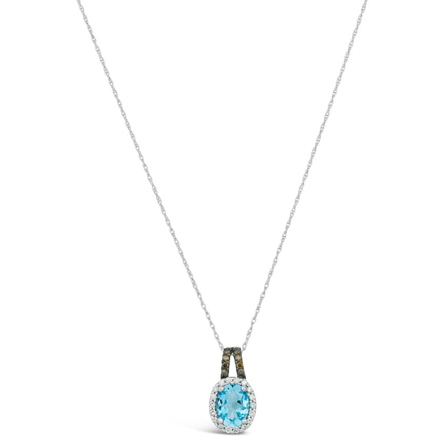 LeVian 14K White Gold, Oval Blue Topaz & 1/5 Cttw White/Chocolate Diamond 5/8" Halo Pendant Necklace (H-I & Fancy Brown Color, SI2-11 Clarity) - 18?