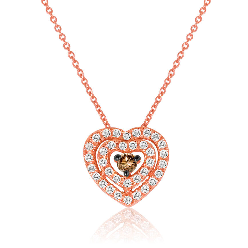 LeVian 14K Rose Gold White & Chocolate Diamond Halo Heart Pendant Necklace - BirthStone.com