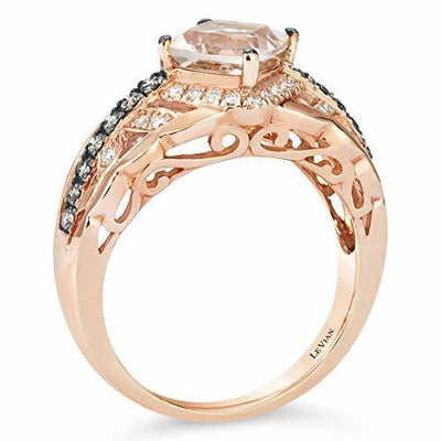 LeVian 14K Rose Gold, Cushion Cut Morganite & 1/4 Cttw White & Chocolate Diamond Halo Engagement Ring (Fancy Brown/H-I Color, VS2-SI2 Clarity) - Size 7