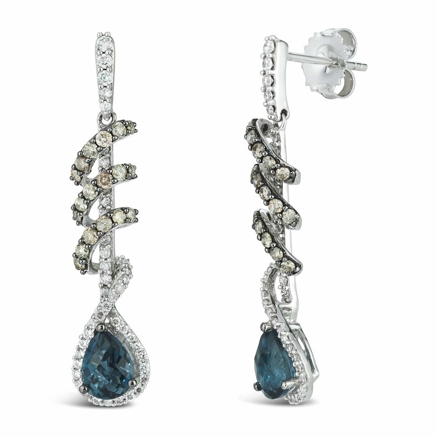 LeVian 14K White Gold, Pear Cut Blue Topaz & 1-1/6 Cttw White/Chocolate Diamond 1-1/2" Dangle Stud Earrings (H-I & Fancy Brown Color, SI2-I1 Clarity)