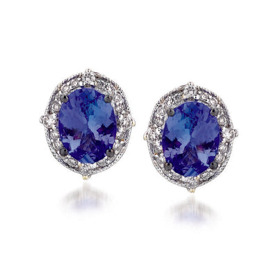 LeVian 14K White Gold Blue Tanzanite Round Diamond Fancy Beautiful Earrings