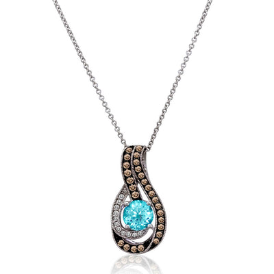 LeVian 14K White Gold Blue Topaz Round Chocolate Brown Diamond Pendant Necklace