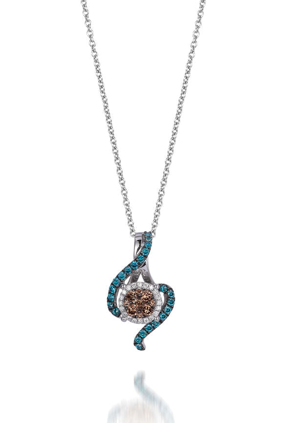 LeVian 14K White Gold Round Blue Chocolate Brown Diamond Fancy Pendant Necklace