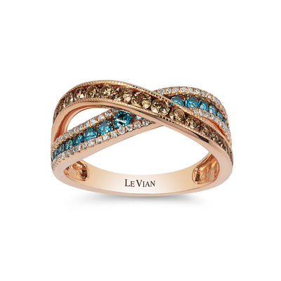 LeVian 14K Rose Gold Round Chocolate Brown Blue Diamond Fancy Cocktail Ring
