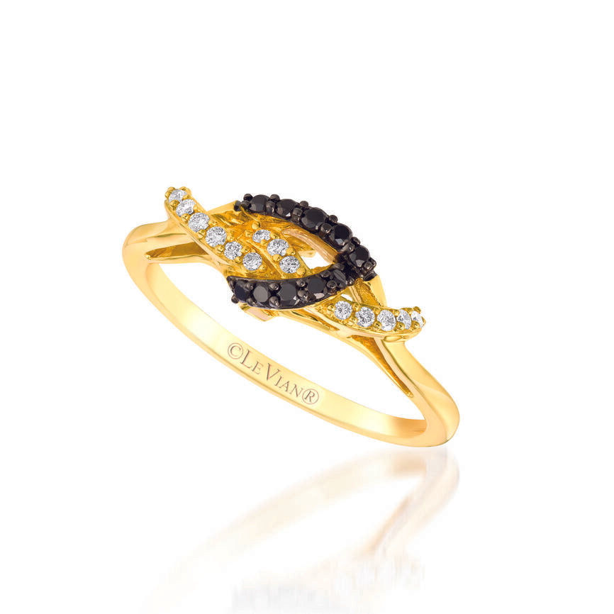 LeVian 14K Yellow Gold Round Black Diamonds Beautiful Pretty Fancy Cocktail Ring