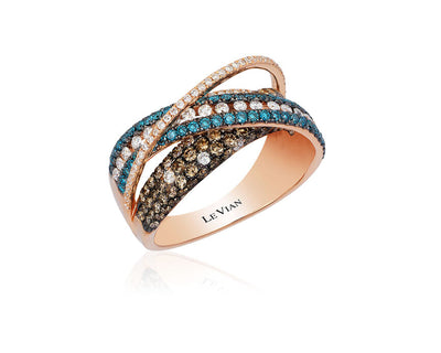 LeVian 14K Rose Gold Round Ice Blue Chocolate Brown Diamonds Cocktail Ring