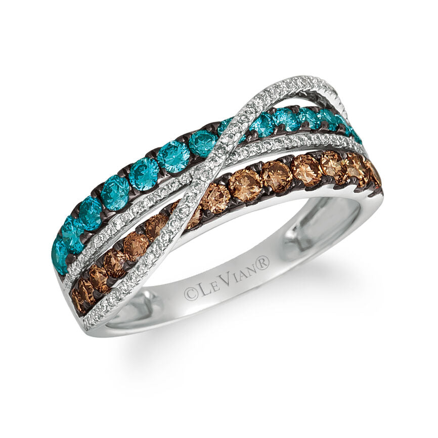 LeVian 14K White Gold Round Blue Chocolate Brown Diamonds Pretty Cocktail Ring