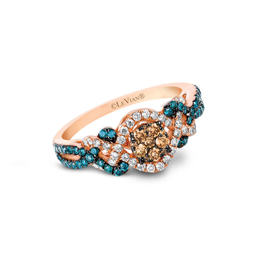 LeVian 14K Rose Gold Round Iced Blue Chocolate Brown Diamonds Cocktail Ring