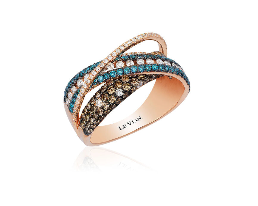 LeVian 14K Rose Gold Round Blue Chocolate Brown Diamond Pretty Cocktail Ring
