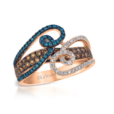 LeVian 14K Rose Gold Round Iced Blue Chocolate Brown Diamond Fancy Cocktail Ring