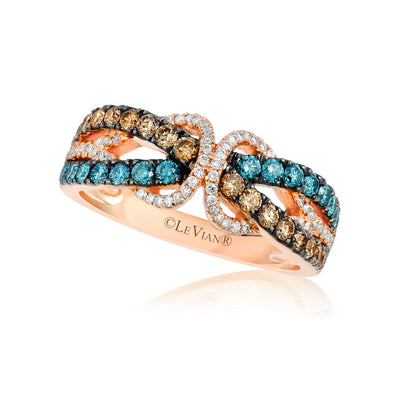 LeVian 14K Rose Gold Round Blue Chocolate Brown Diamonds Pretty Cocktail Ring