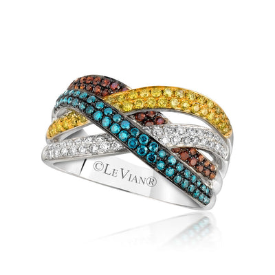 LeVian 14K White Gold Round Red Yellow Blue Diamond Beautiful Cocktail Ring