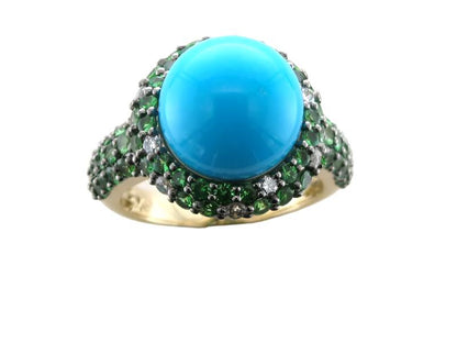 LeVian 14K Yellow Gold Turquoise Tsavorite Garnet Round Diamonds Cocktail Ring