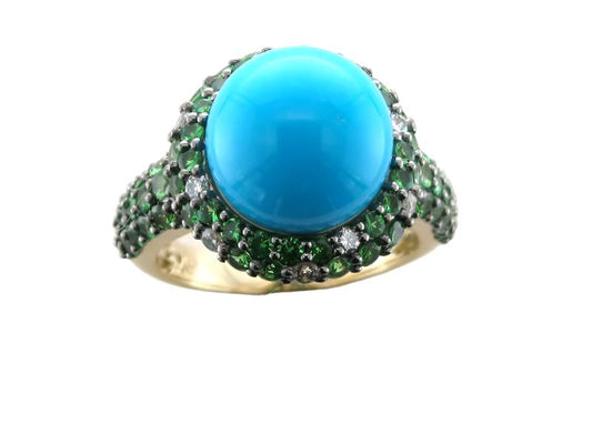 LeVian 14K Yellow Gold Turquoise Tsavorite Garnet Round Diamonds Cocktail Ring