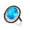 LeVian 14K White Gold Blue Topaz Round Black Diamond Beautiful Fancy Halo Ring