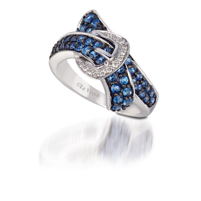 LeVian 14K White Gold Blue Ceylon Sapphire Round Diamonds Beautiful Buckle Ring