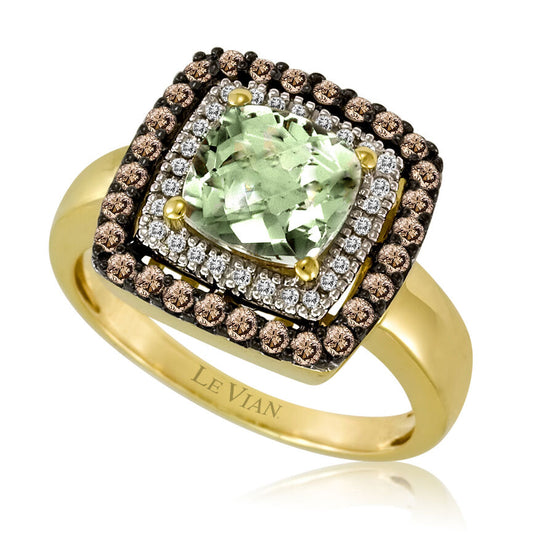 LeVian 14K Green Gold Green Quartz Round Chocolate Brown Diamond Halo Ring