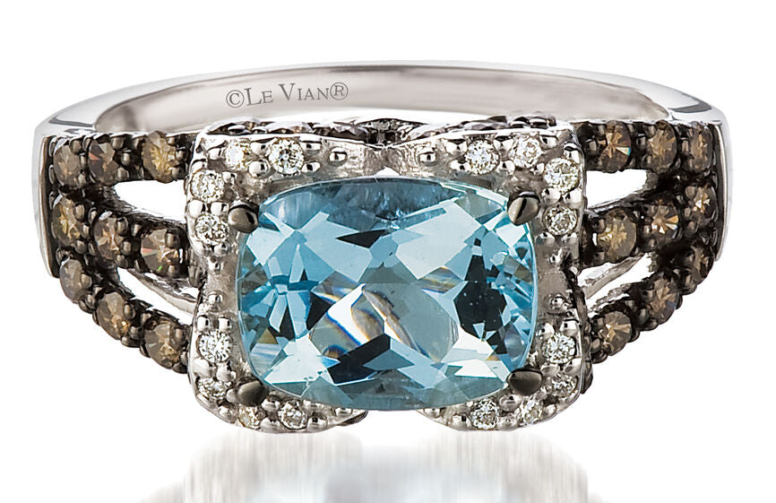 LeVian 14K White Gold Aquamarine Round Chocolate Brown Diamonds Classy Halo Ring