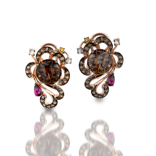 Le Vian Grand Sample Sale Earrings featuring Chocolate Quartz, Raspberry Rhodolite, Mint Julep Quartz, Blue Topaz, Cinnamon Citrine set in 14K Rose Gold - BirthStone.com