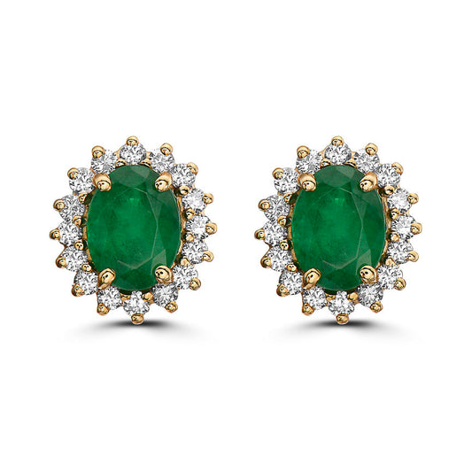 Birthstone Earrings 3 cts Natural Green Emerald Nude Diamonds in 14K Yellow Gold - BirthStone.com