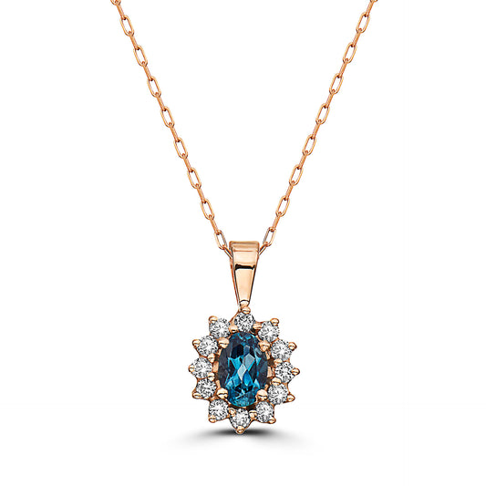 3/4 cts Blue London Blue Topaz and Diamond Necklace in 14K Rose Gold by Birthstone - BirthStone.com