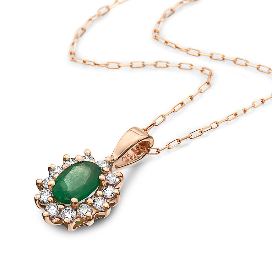 5/8 cts Green Emerald and Diamond Necklace in 14K Rose Gold by Birthstone - BirthStone.com