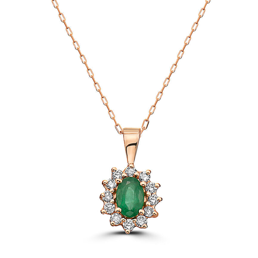 5/8 cts Green Emerald and Diamond Necklace in 14K Rose Gold by Birthstone - BirthStone.com