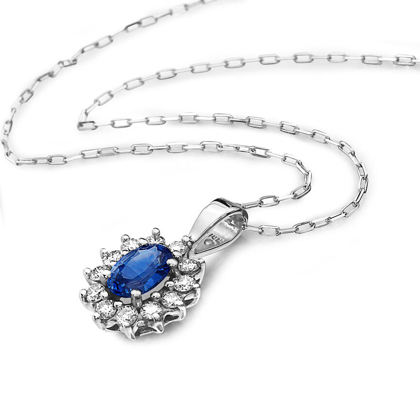 2/3 cts Blue Sapphire and Diamond Necklace in 14K White Gold by Birthstone - BirthStone.com