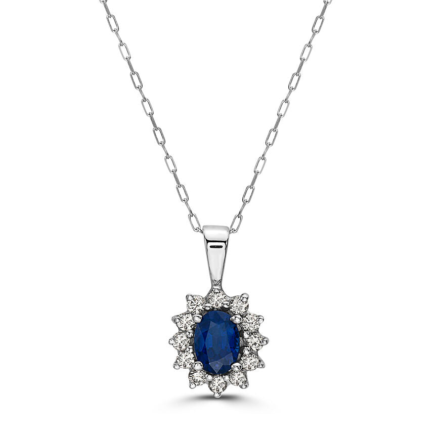 3/4 cts Blue Sapphire and Diamond Necklace in 14K White Gold by Birthstone - BirthStone.com