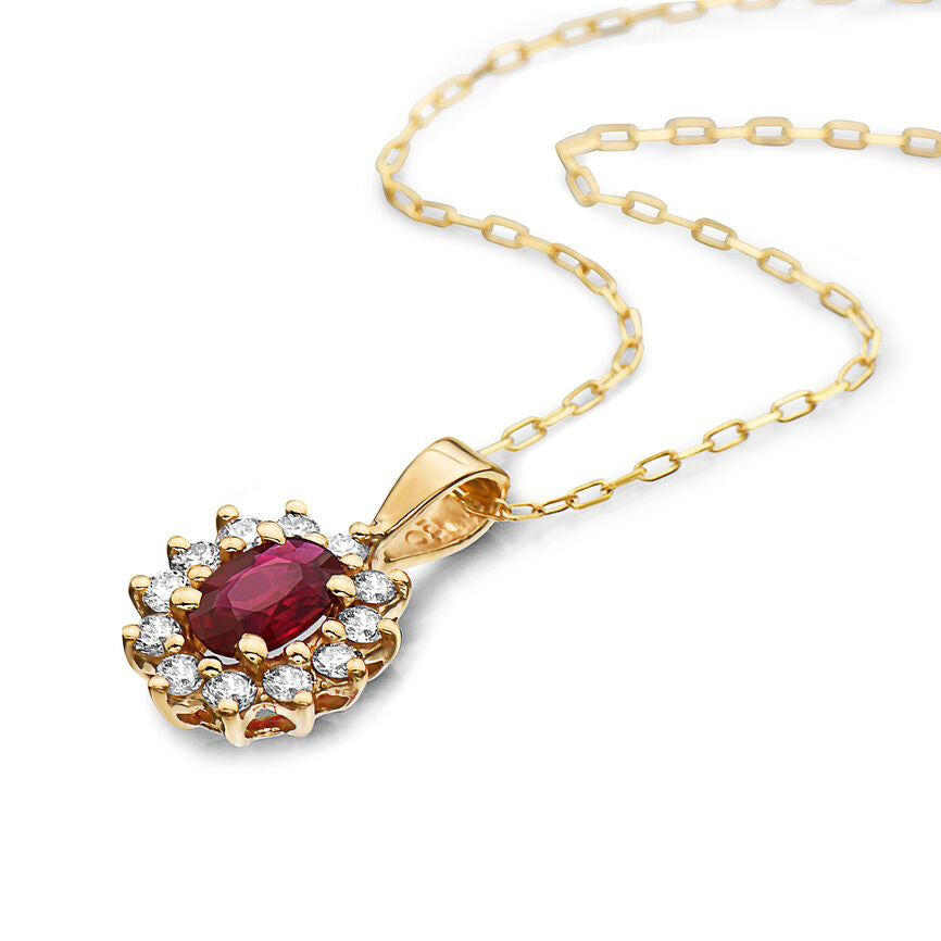 2/3 cts Red Ruby and Diamond Necklace in 14K Yellow Gold by Birthstone - BirthStone.com