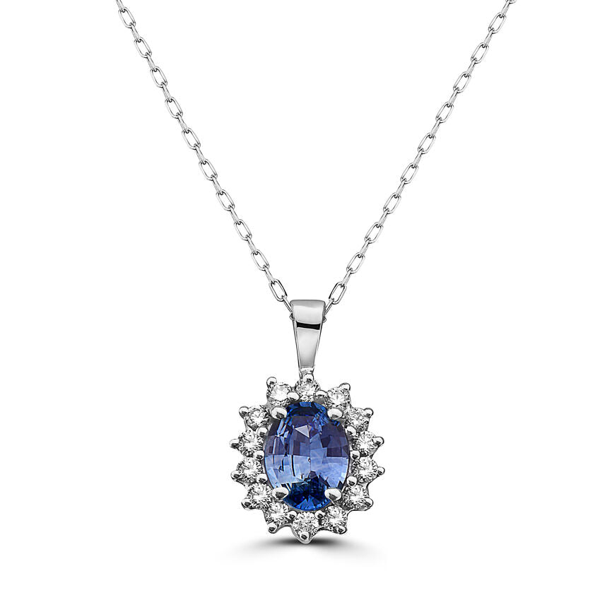 1 cts Blue Sapphire and Diamond Necklace in 14K White Gold by Birthstone - BirthStone.com