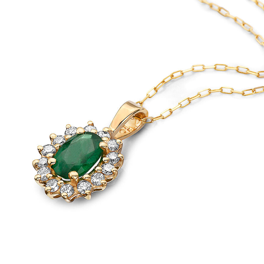 7/8 cts Green Emerald and Diamond Necklace in 14K Yellow Gold by Birthstone - BirthStone.com