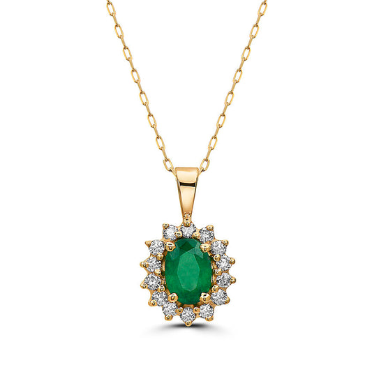 7/8 cts Green Emerald and Diamond Necklace in 14K Yellow Gold by Birthstone - BirthStone.com