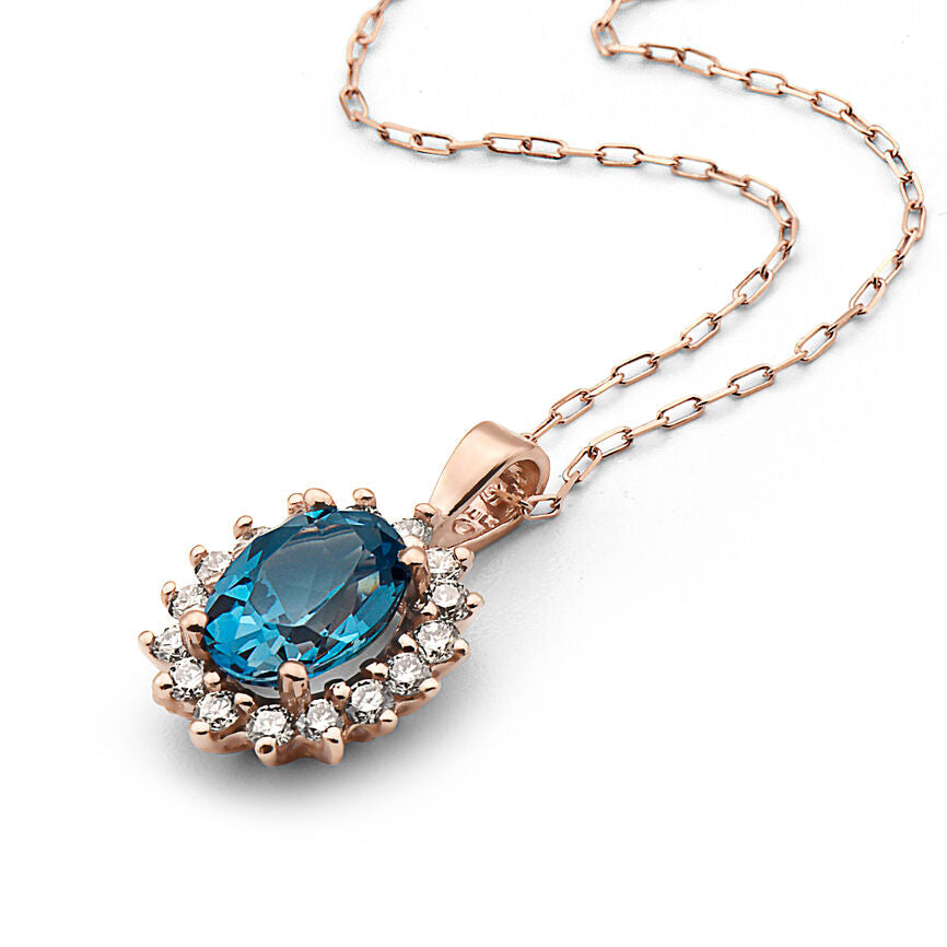 1 2/3 cts Blue London Blue Topaz and Diamond Necklace in 14K Rose Gold by Birthstone - BirthStone.com