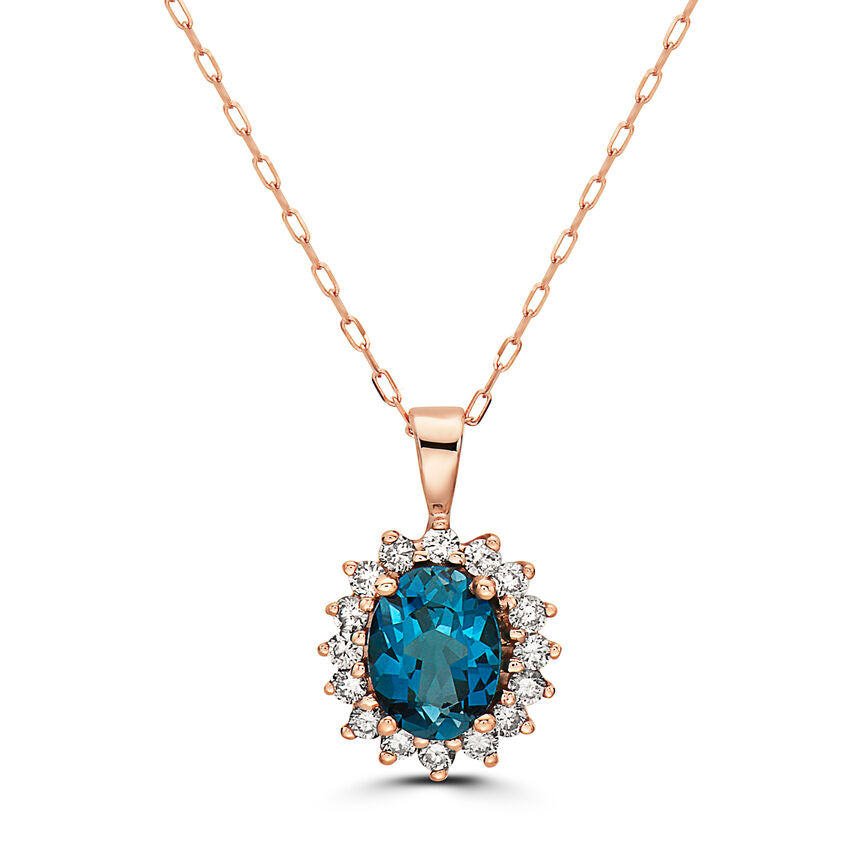 1 2/3 cts Blue London Blue Topaz and Diamond Necklace in 14K Rose Gold by Birthstone - BirthStone.com