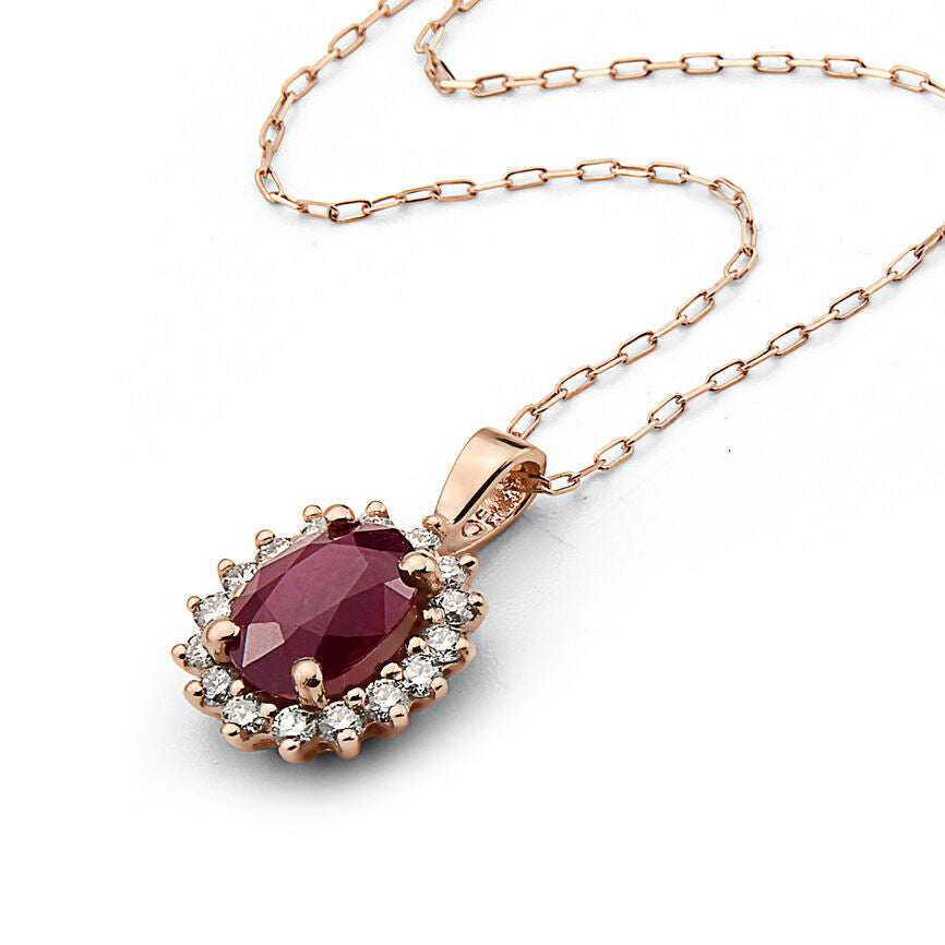 1 1/2 cts Red Ruby and Diamond Necklace in 14K Rose Gold by Birthstone - BirthStone.com