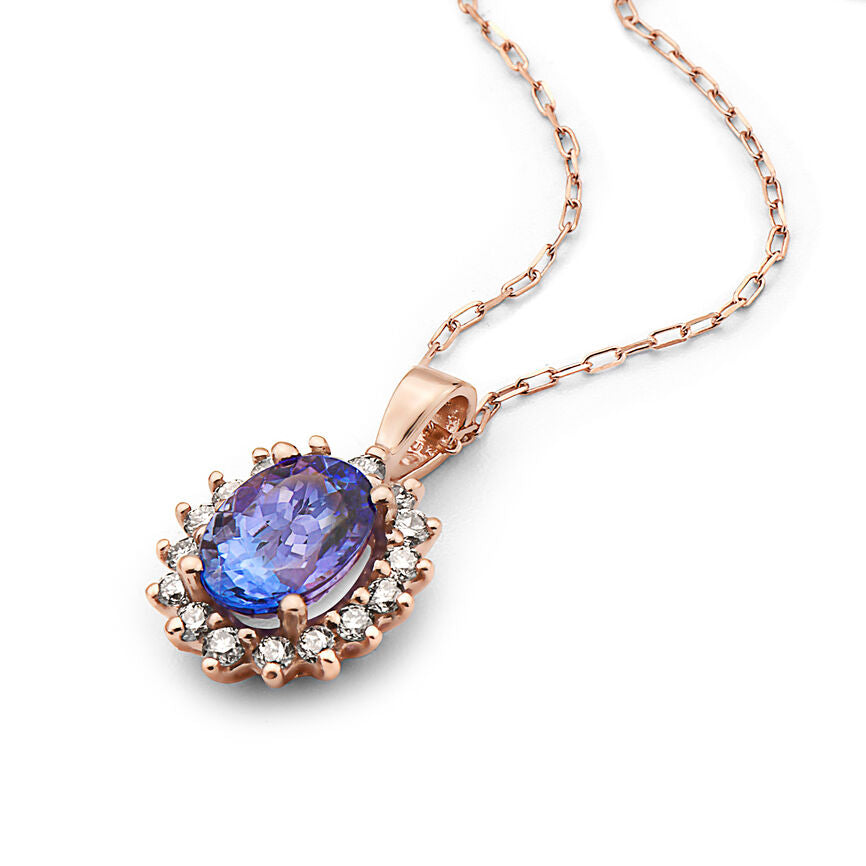 1 1/3 cts Blue Tanzanite and Diamond Necklace in 14K Rose Gold by Birthstone - BirthStone.com