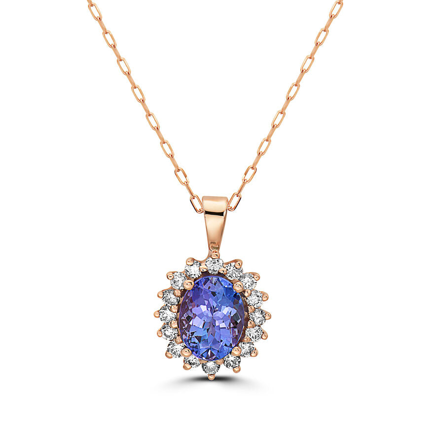 1 1/3 cts Blue Tanzanite and Diamond Necklace in 14K Rose Gold by Birthstone - BirthStone.com