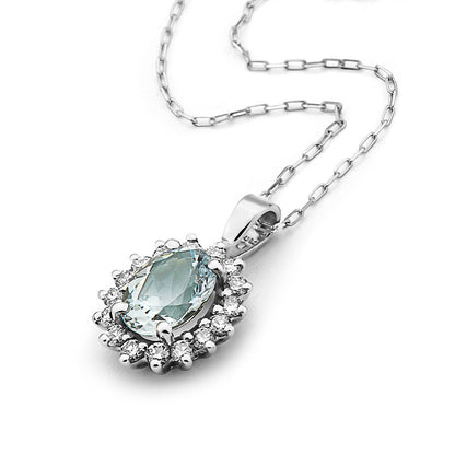 1 1/3 cts Blue Aquamarine and Diamond Necklace in 14K White Gold by Birthstone - BirthStone.com