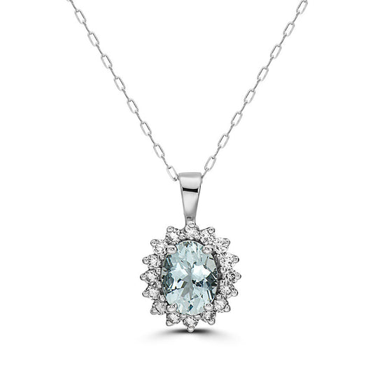 1 1/3 cts Blue Aquamarine and Diamond Necklace in 14K White Gold by Birthstone - BirthStone.com