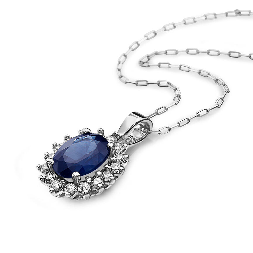 1 1/2 cts Blue Sapphire and Diamond Necklace in 14K White Gold by Birthstone - BirthStone.com