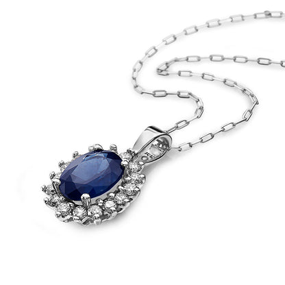 1 1/2 cts Blue Sapphire and Diamond Necklace in 14K White Gold by Birthstone - BirthStone.com