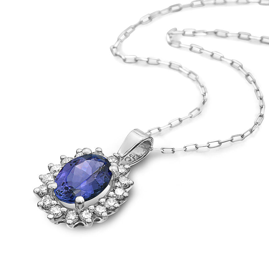 1 1/3 cts Blue Tanzanite and Diamond Necklace in 14K White Gold by Birthstone - BirthStone.com