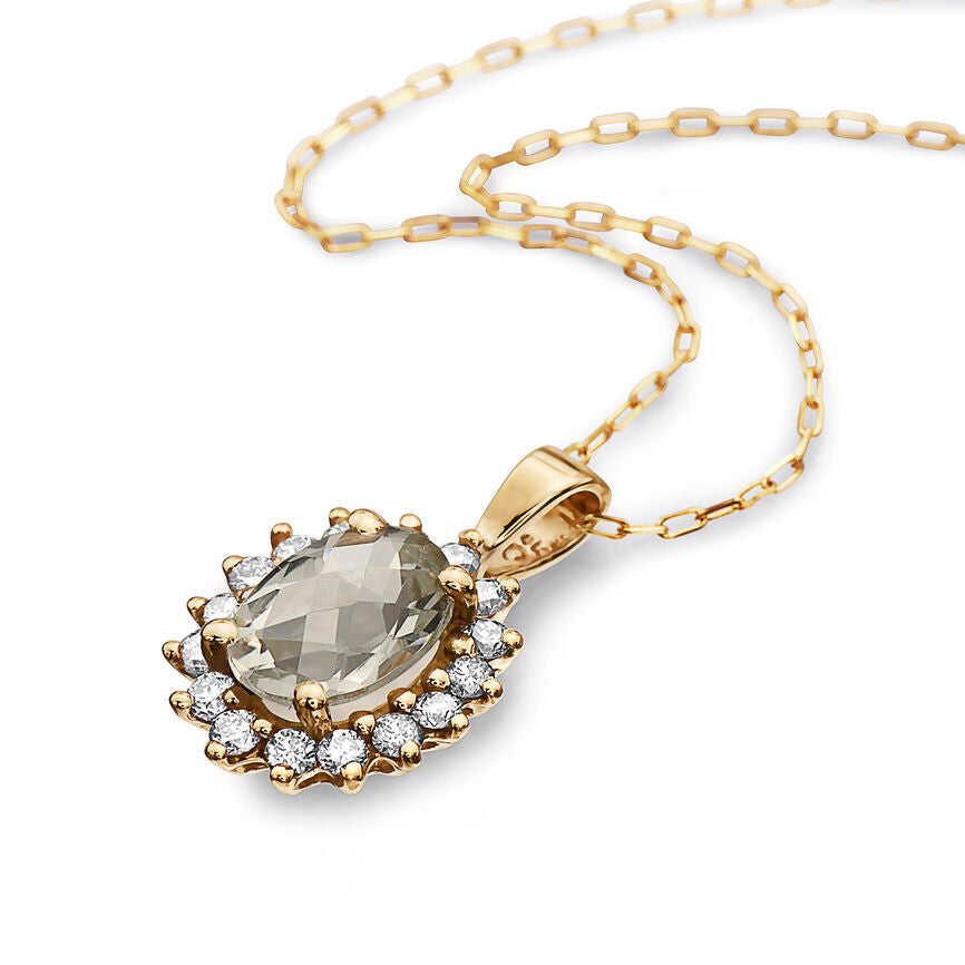 1 3/8 cts Green Green Amethyst (Prasiolite) Quartz and Diamond Necklace in 14K Yellow Gold by Birthstone - BirthStone.com