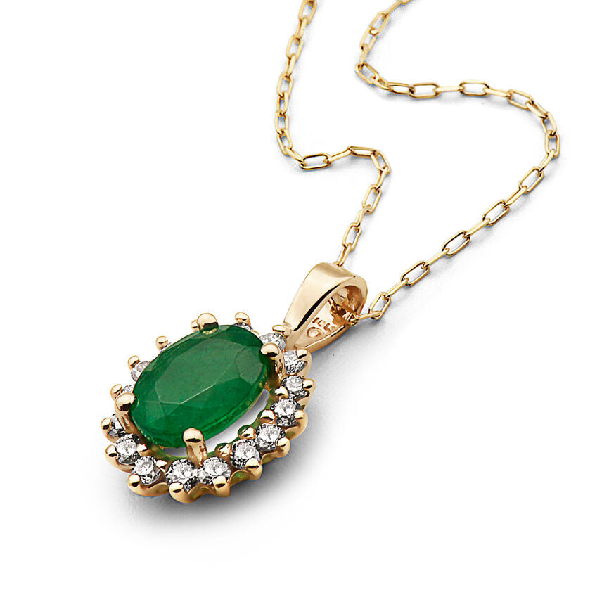 1 1/2 cts Green Emerald and Diamond Necklace in 14K Yellow Gold by Birthstone - BirthStone.com