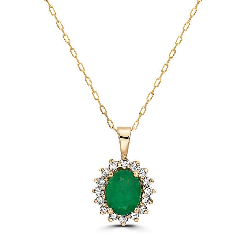 1 1/2 cts Green Emerald and Diamond Necklace in 14K Yellow Gold by Birthstone - BirthStone.com