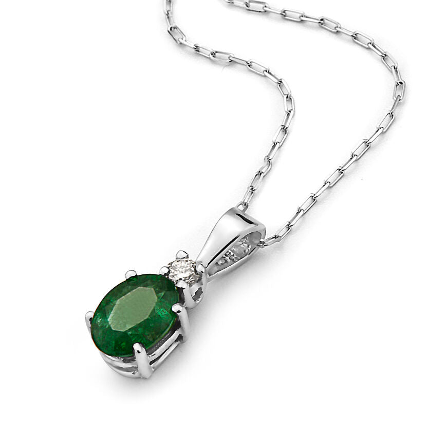 3/4 cts Green Emerald and Diamond Necklace in 14K White Gold by Birthstone - BirthStone.com