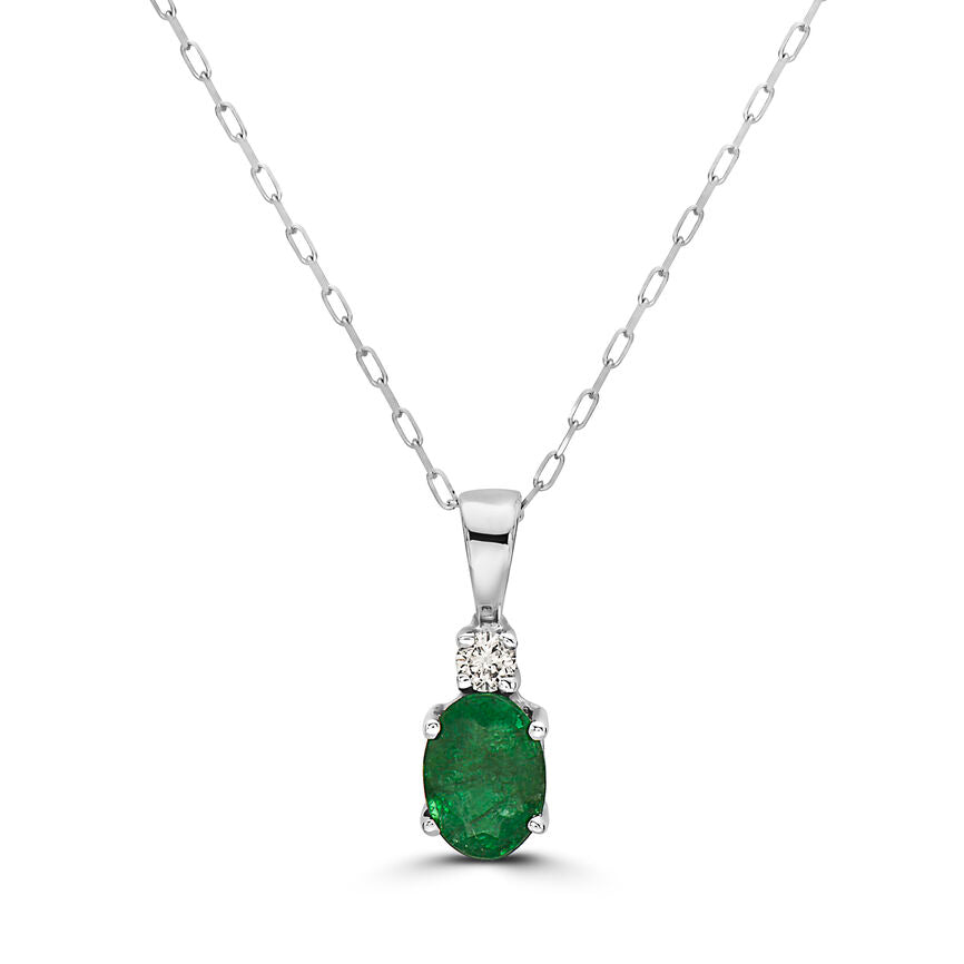 3/4 cts Green Emerald and Diamond Necklace in 14K White Gold by Birthstone - BirthStone.com