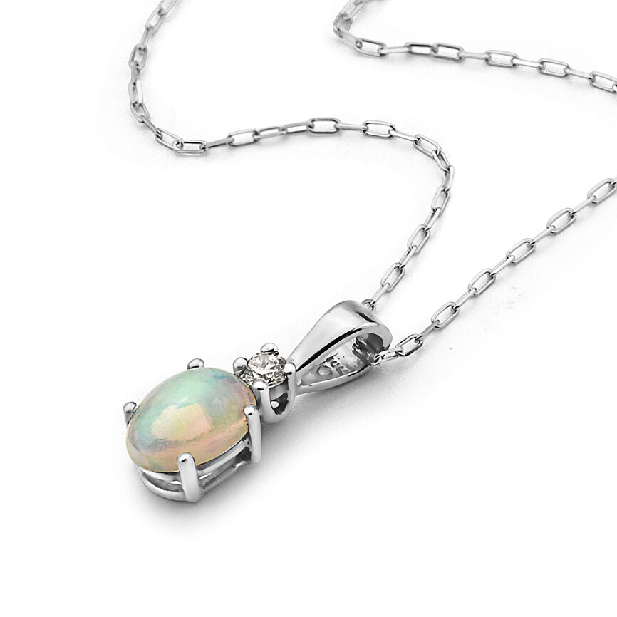 1/2 cts Multi-Color Opal and Diamond Necklace in 14K White Gold by Birthstone - BirthStone.com